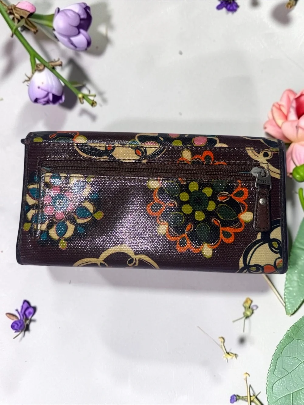 FOSSIL FLORAL PRINT BROWN CLUTCH WALLET ZIP POCKET MULTICOLOR
